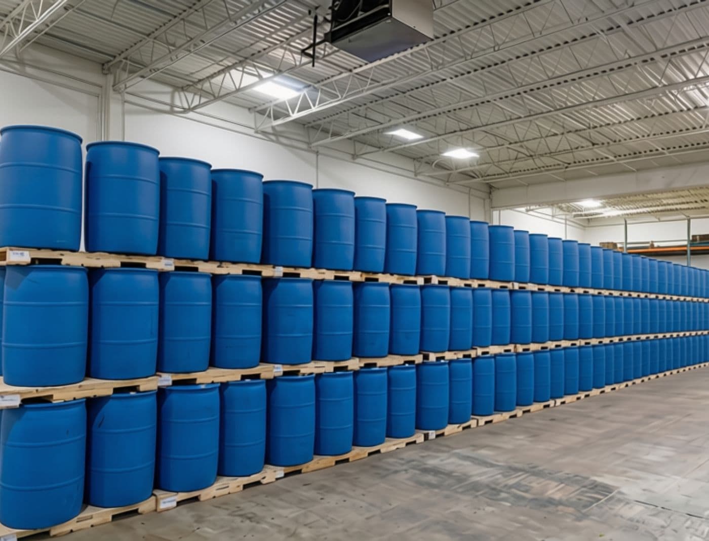 Palletized drums of liquid ingredients racked three levels high in the warehouse