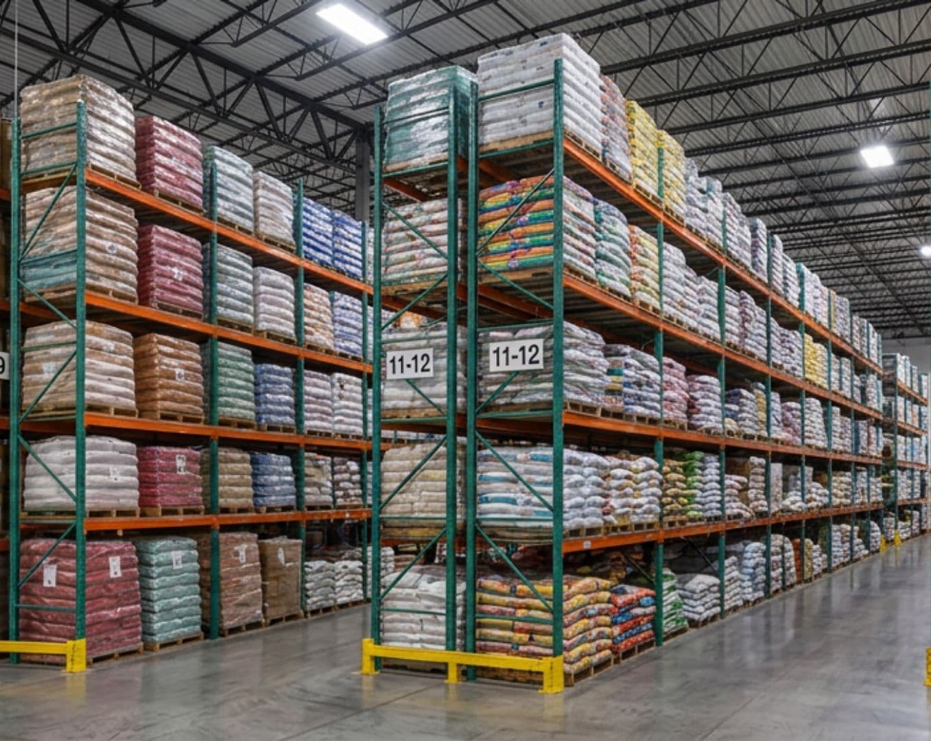 Racked warehouse bays of palletized, bagged ingredients