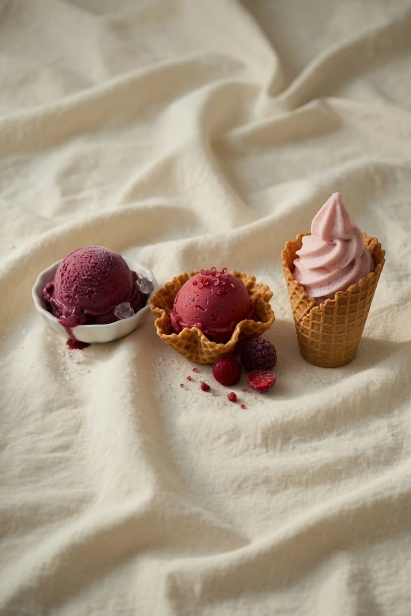 Frozen desserts served in a dish, a waffle bowl, and a waffle cone