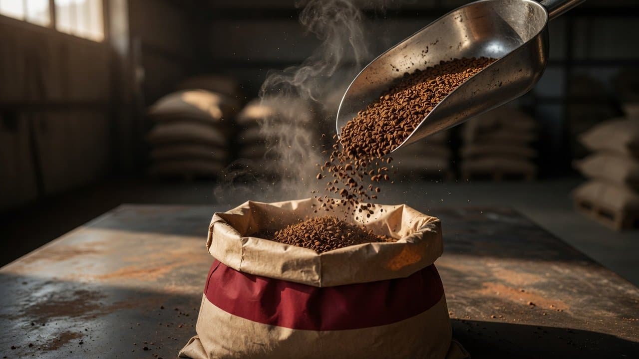 Steel scoop pouring instant coffee granules into a branded supply bag