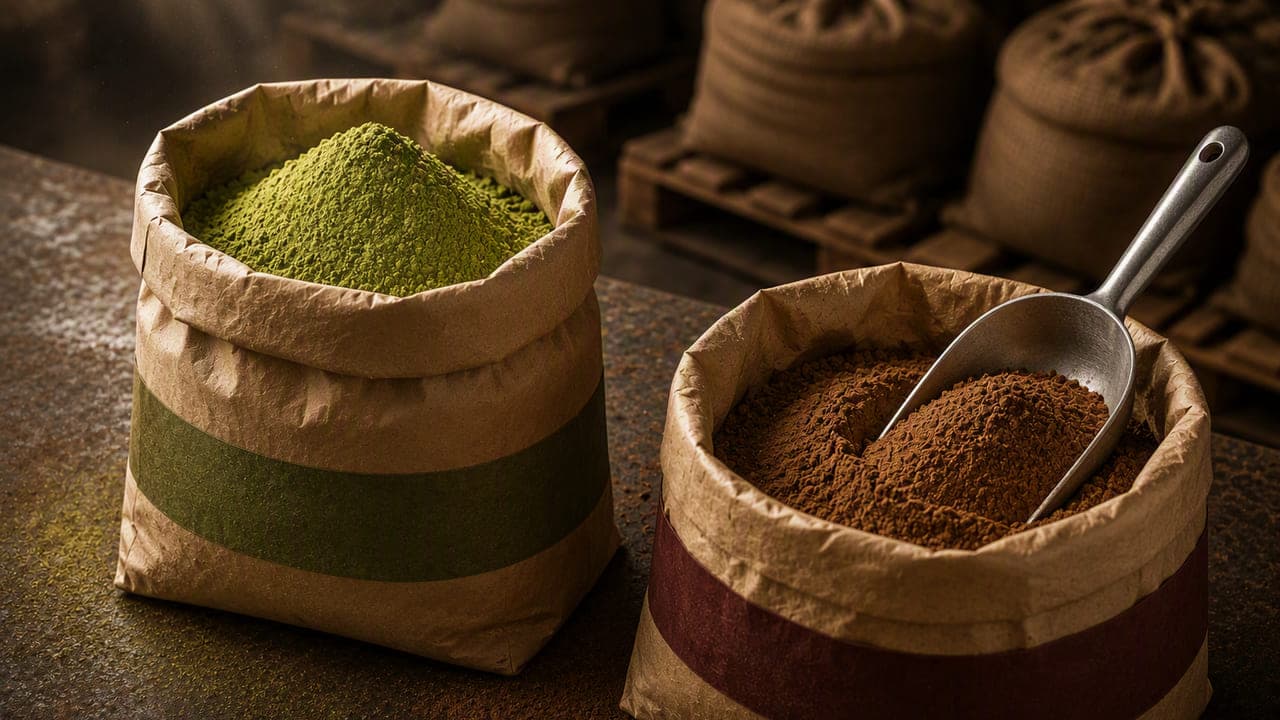 Open kraft sacks of green tea powder and instant coffee granules with a steel scoop, in front of stacked burlap sacks on a warehouse pallet