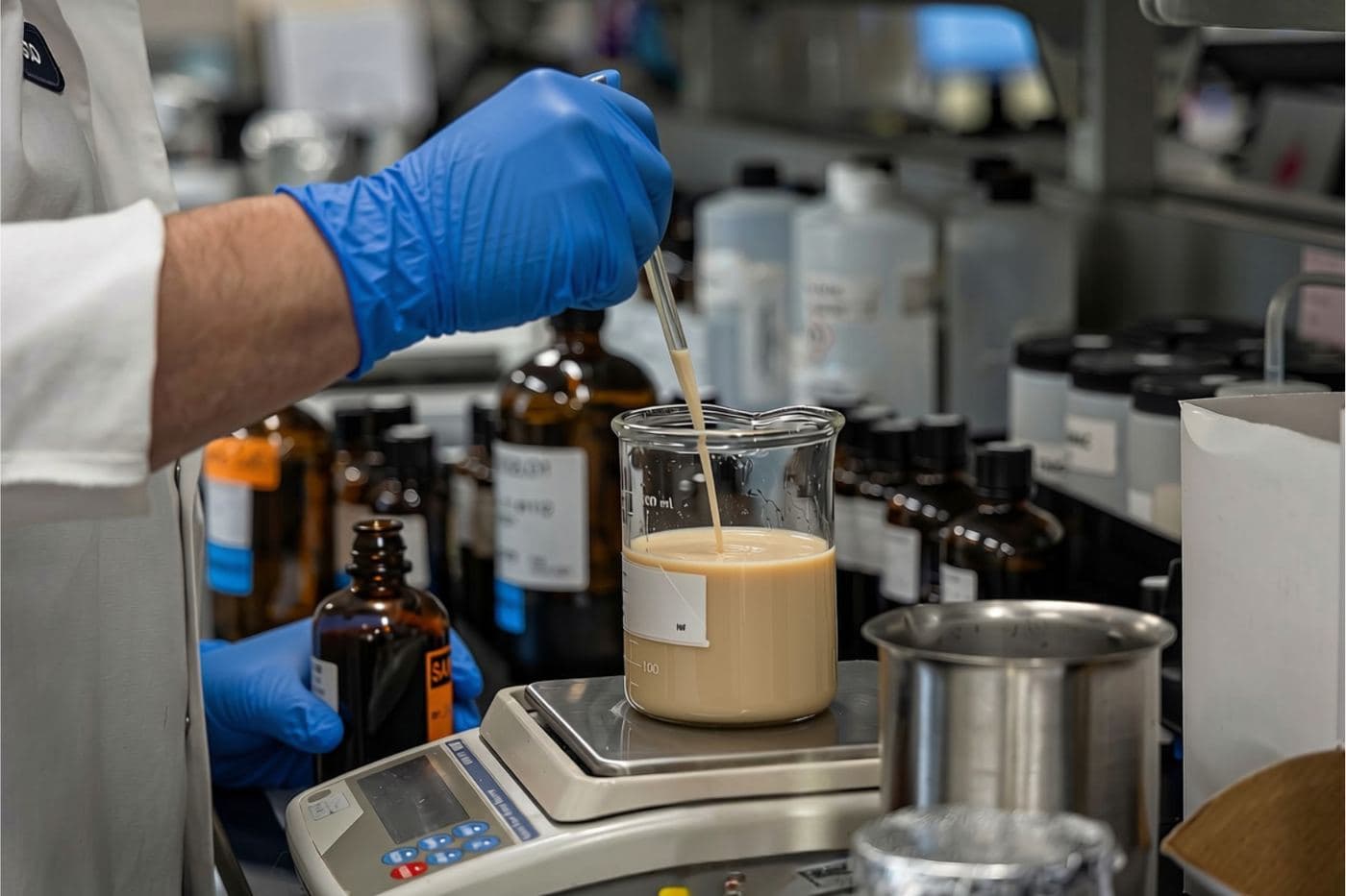 Flavorist drawing a liquid flavor into a beaker on a bench scale, surrounded by ingredient bottles