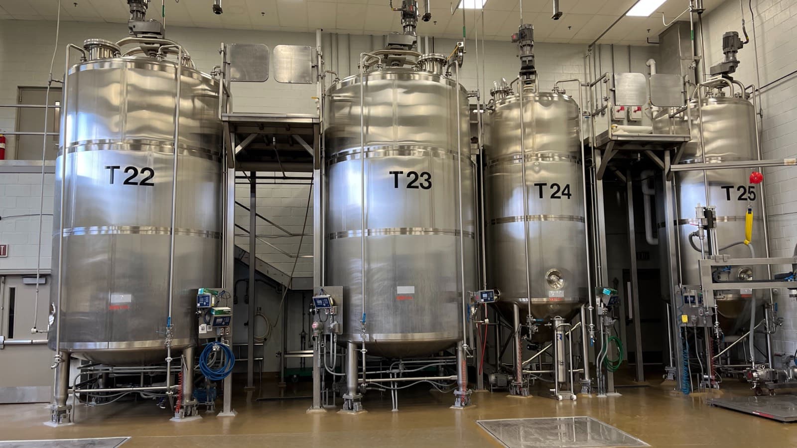 Stainless blending tanks in the production area