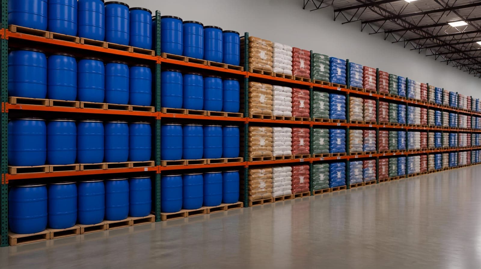 Blue drums and bagged ingredients on pallet racks down a long warehouse aisle