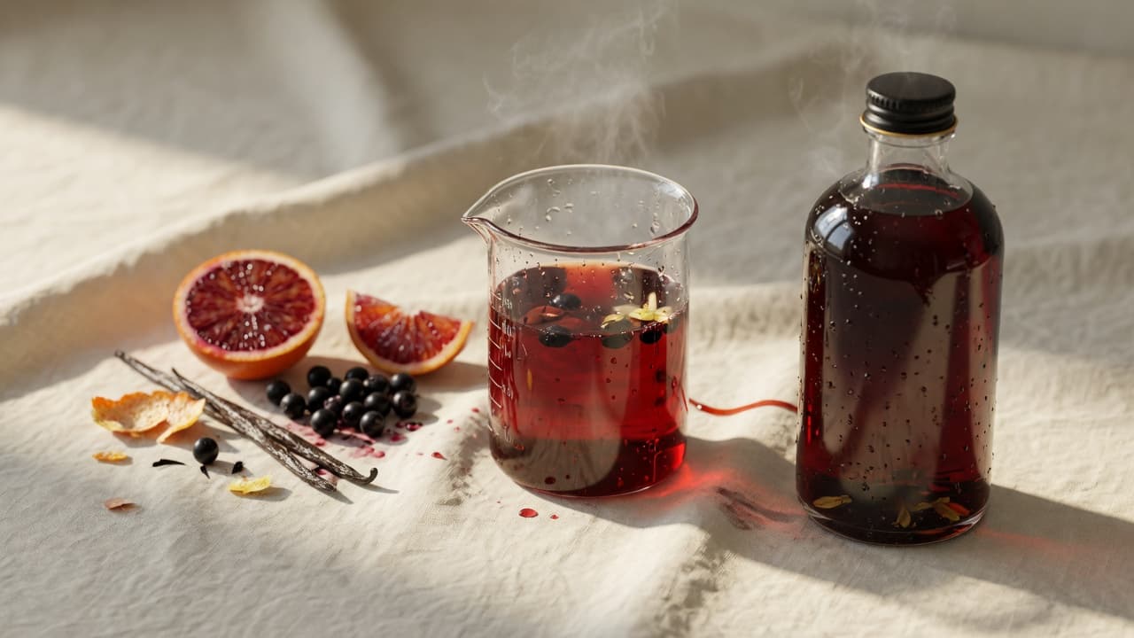 Fresh blood orange, cassis, and vanilla beside a beaker of deep-crimson liquid and a finished bottle