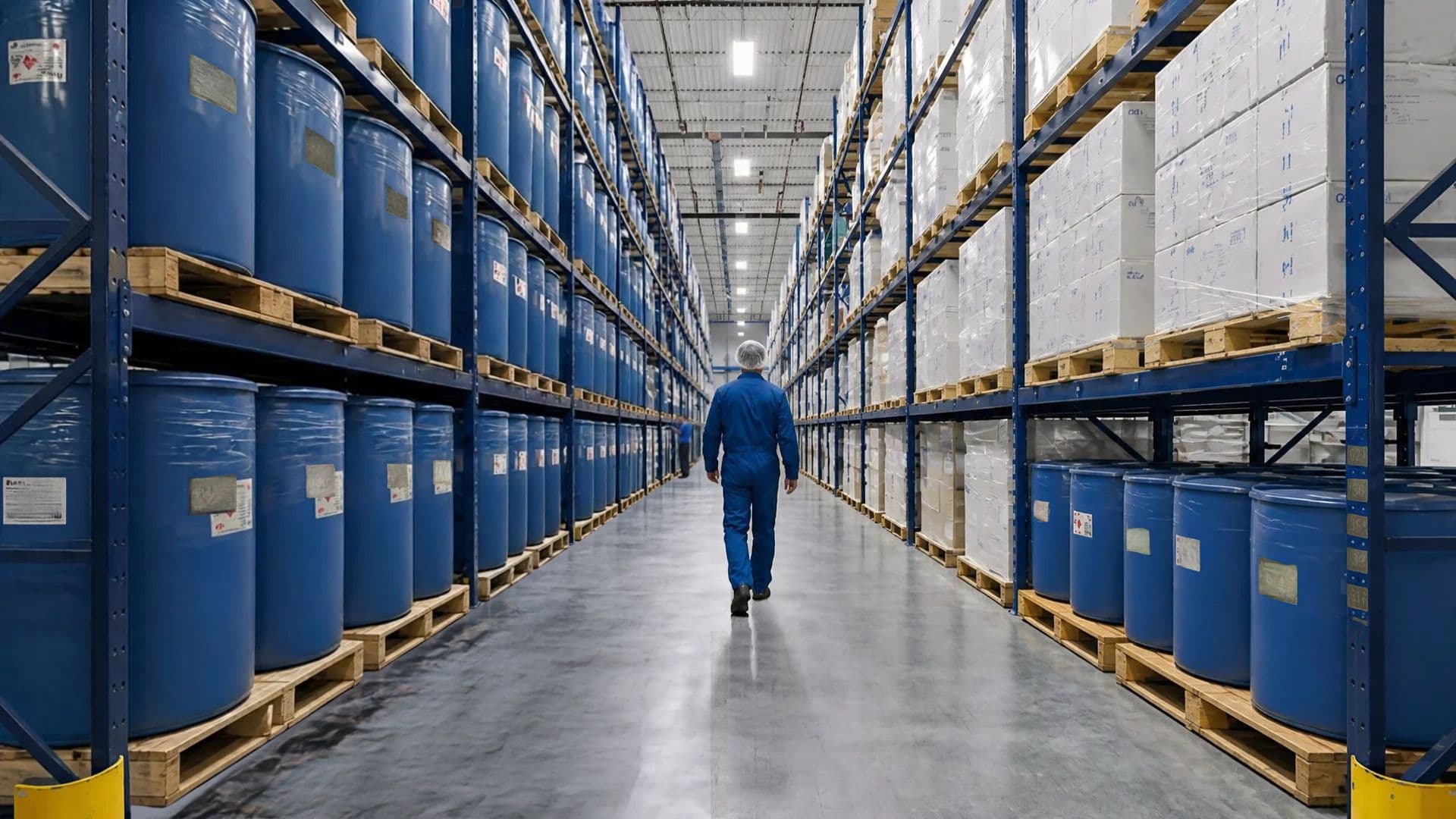 Team member walking an aisle of racked flavor drums in the Allen Flavors warehouse